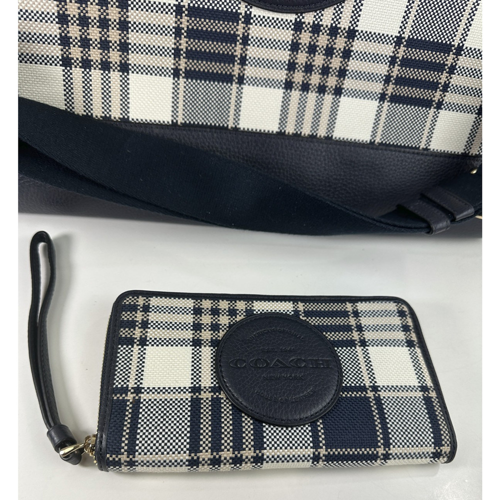 Coach Dempsey Garden Plaid Large Tote Bag W/ Matching Wallet in Navy Blue EUC - Picture 3 of 16